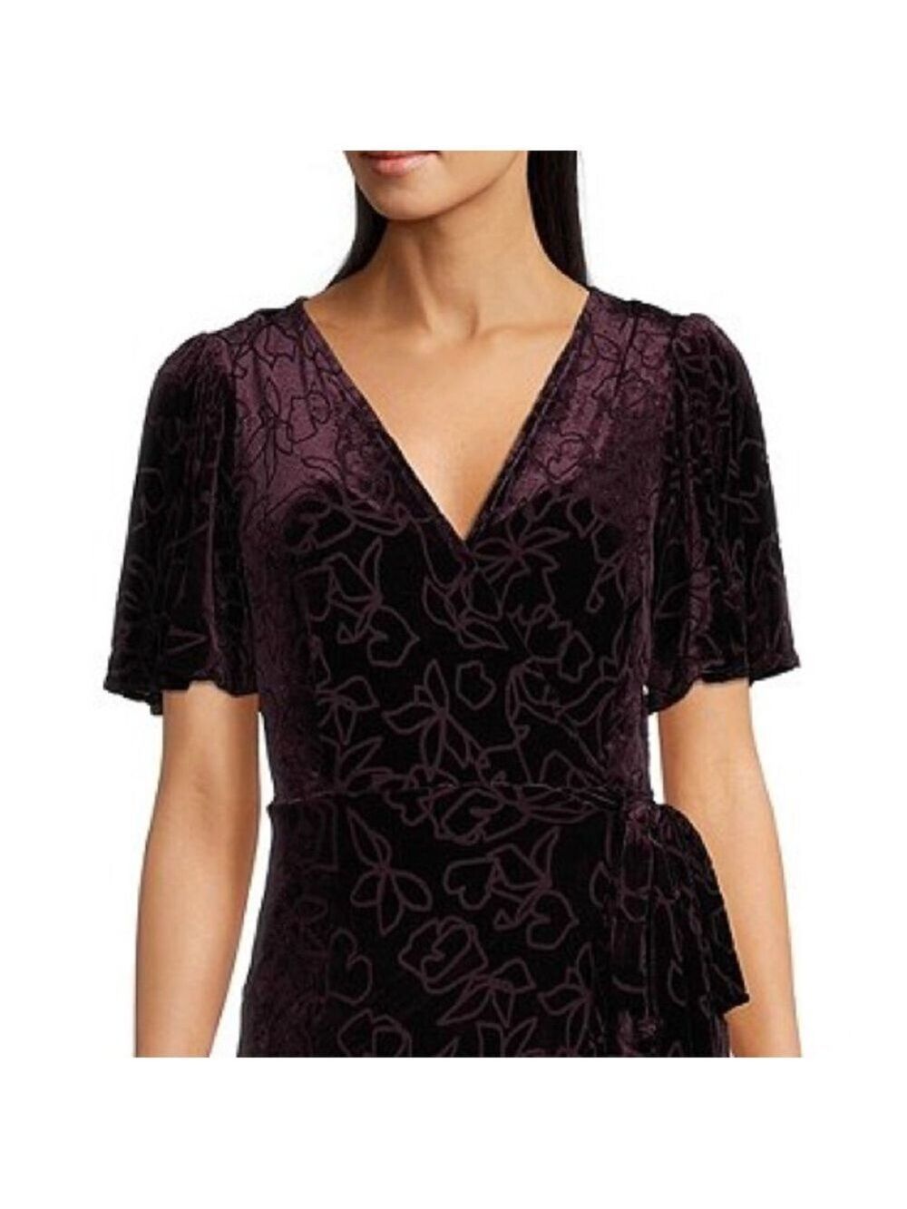 π©ποΈ NWT $159 Calvin Klein Purple Short V-Neck Ruffled Hem Faux Wrap Velvet Dress - Picture 14 of 14